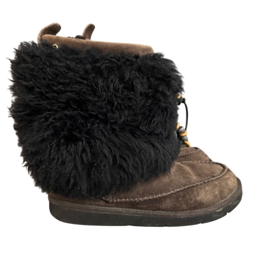 UGG Australia Sunburst Tall Brown Suede Black Fur Trim Boots Womens 9 5189